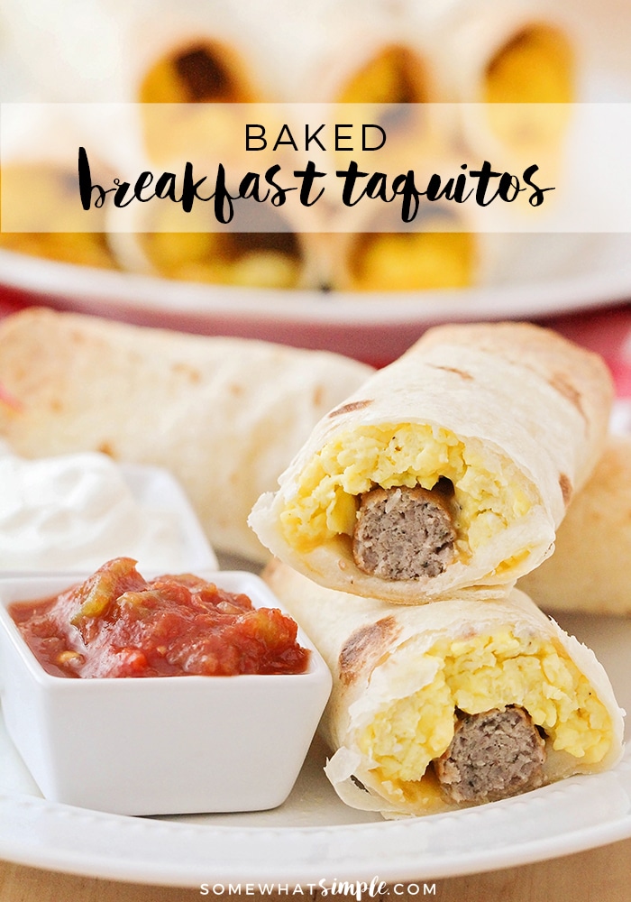 These delicious and savory baked breakfast taquitos are so delicious! They're loaded with eggs, cheese, and sausage, all wrapped in a crisp tortilla. Yum! #makeaheadbreakfast #breakfasttaquitos #breakfasttaquitosrecipe #easybreakfastrecipe #bakedbreakfasttaquitos via @somewhatsimple