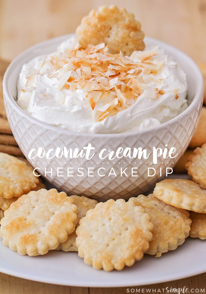 This amazing dip has all of the flavors of a coconut cream pie but served up as a delicious cheesecake dip! This coconut pie dip tastes amazing and is so easy to make it can be whipped up in 15 minutes or less! via @somewhatsimple