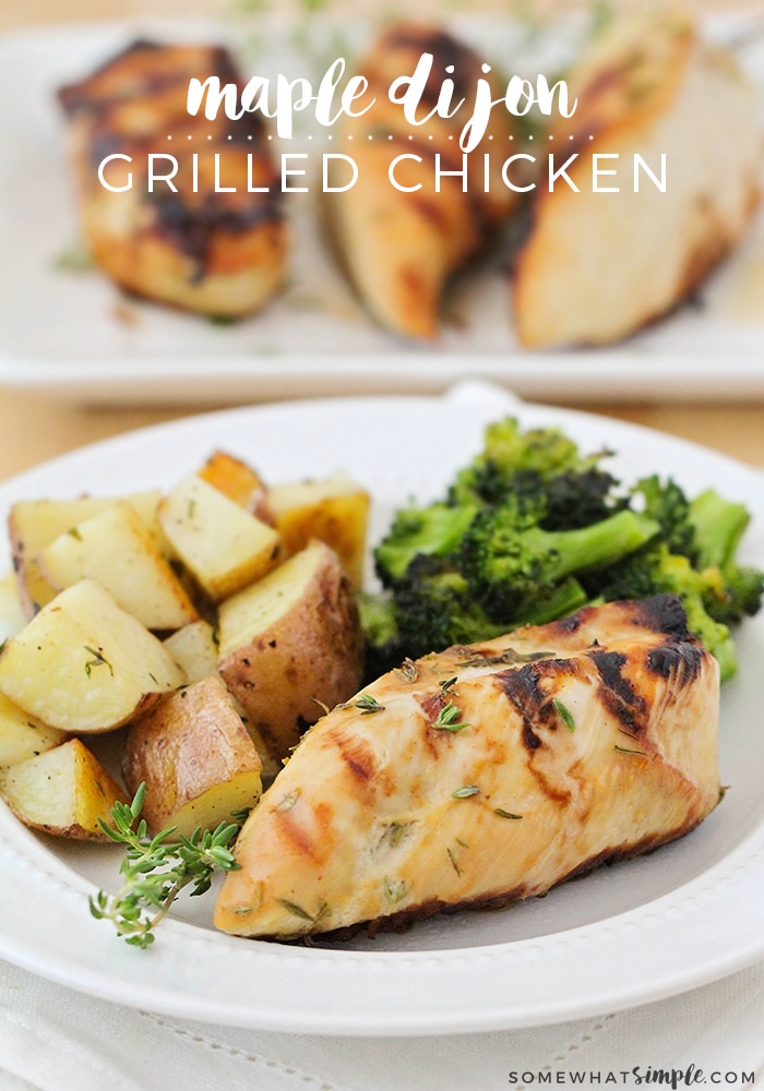 Looking for a healthy grilled chicken recipe? This delicious Maple Dijon Chicken is so juicy and flavorful, and it only calls for five ingredients! via @somewhatsimple