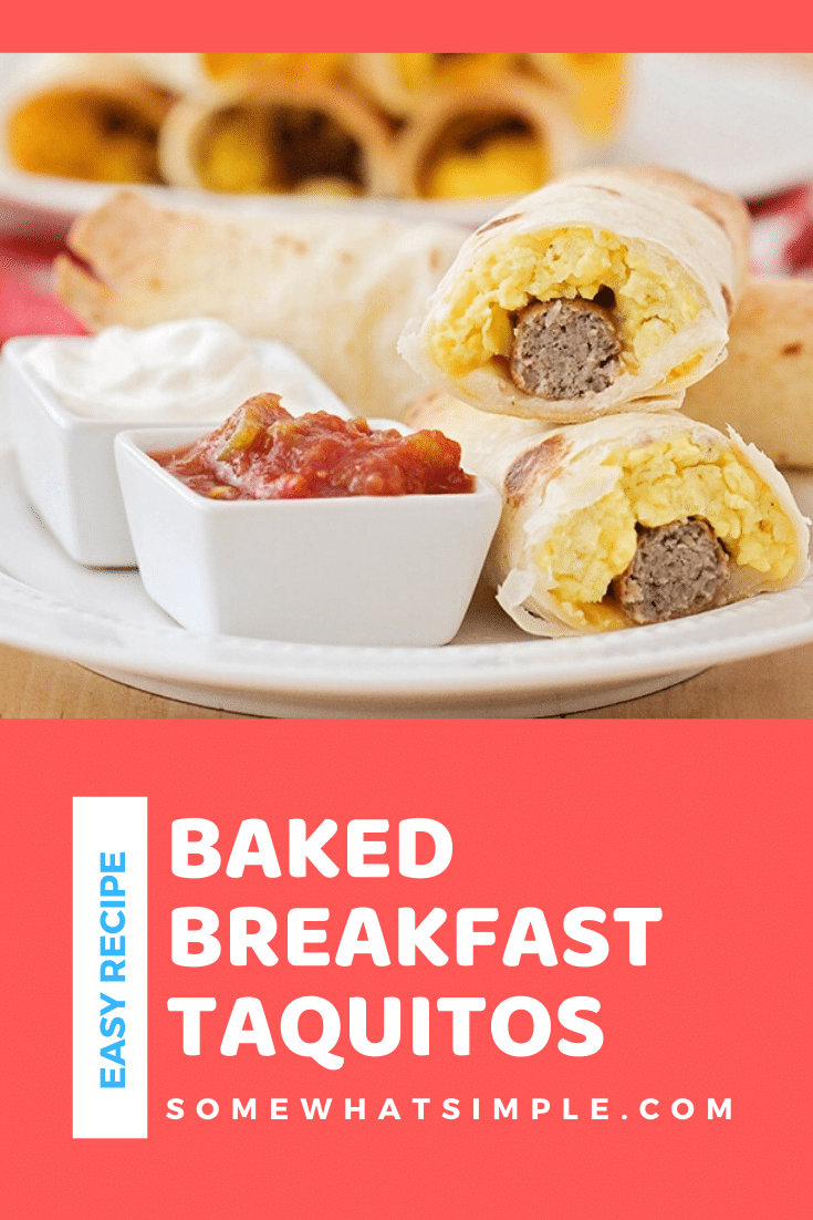 These delicious and savory baked breakfast taquitos are so delicious! They're loaded with eggs, cheese, and sausage, all wrapped in a crisp tortilla. Yum! #makeaheadbreakfast #breakfasttaquitos #breakfasttaquitosrecipe #easybreakfastrecipe #bakedbreakfasttaquitos via @somewhatsimple