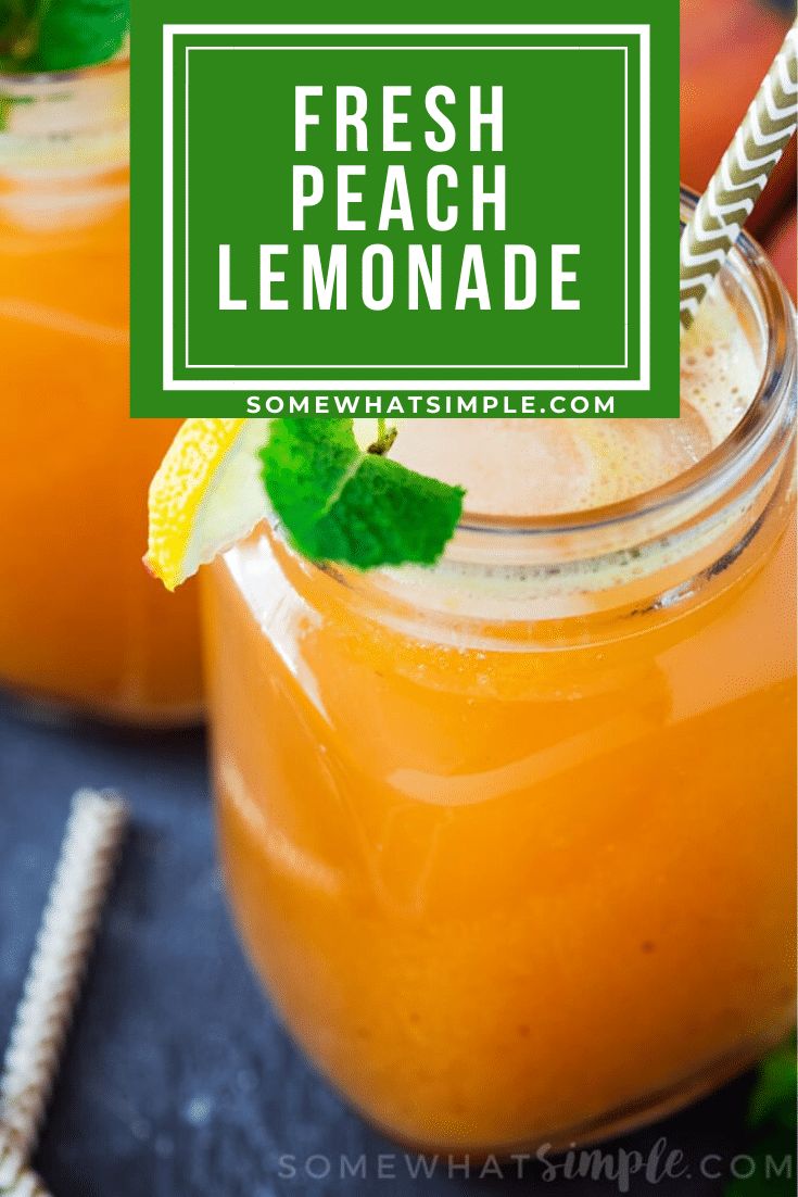 This refreshing and sweet peach lemonade recipe only takes ten minutes to make.  Made with fresh peaches, it's the perfect drink to get you through the hot summer! #peachlemonade #easypeachlemonade #bestpeachlemonaderecipe #howtomakehomemadelemonade #summerdrinkrecipe via @somewhatsimple