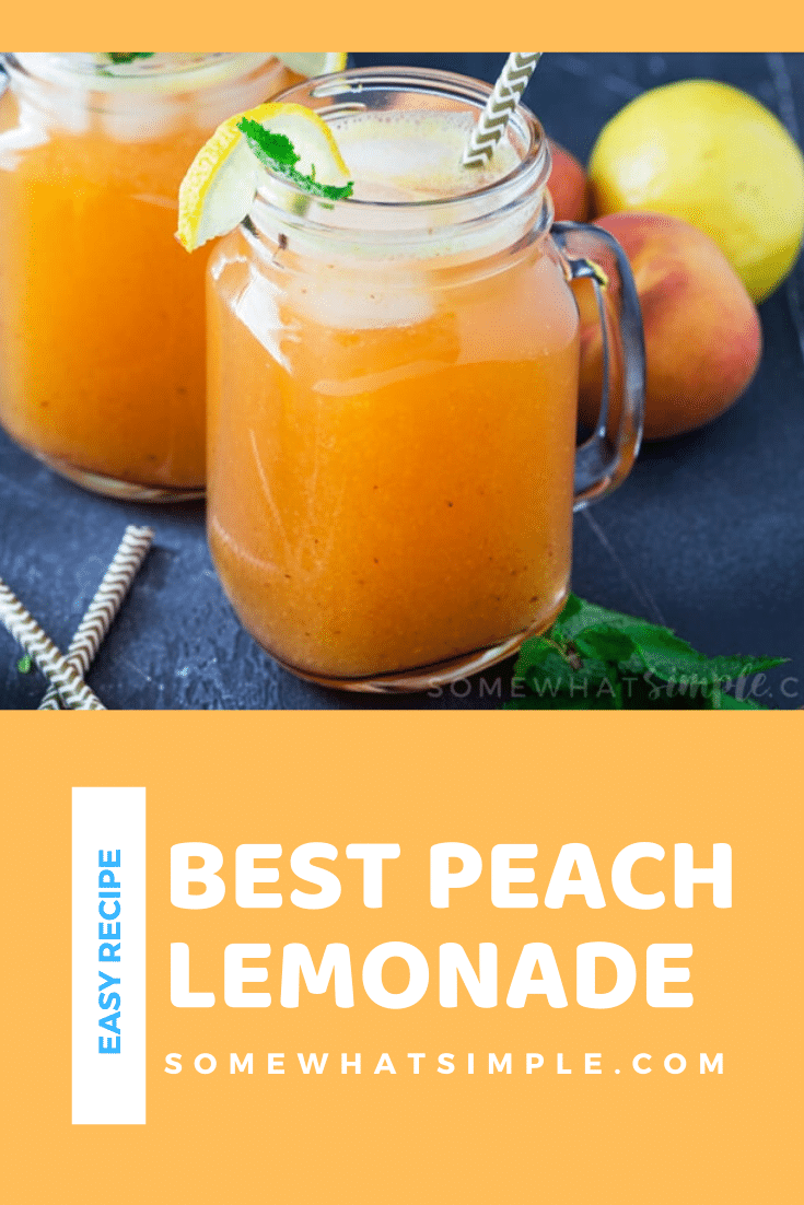 This refreshing and sweet peach lemonade recipe only takes ten minutes to make.  Made with fresh peaches, it's the perfect drink to get you through the hot summer! #peachlemonade #easypeachlemonade #bestpeachlemonaderecipe #howtomakehomemadelemonade #summerdrinkrecipe via @somewhatsimple