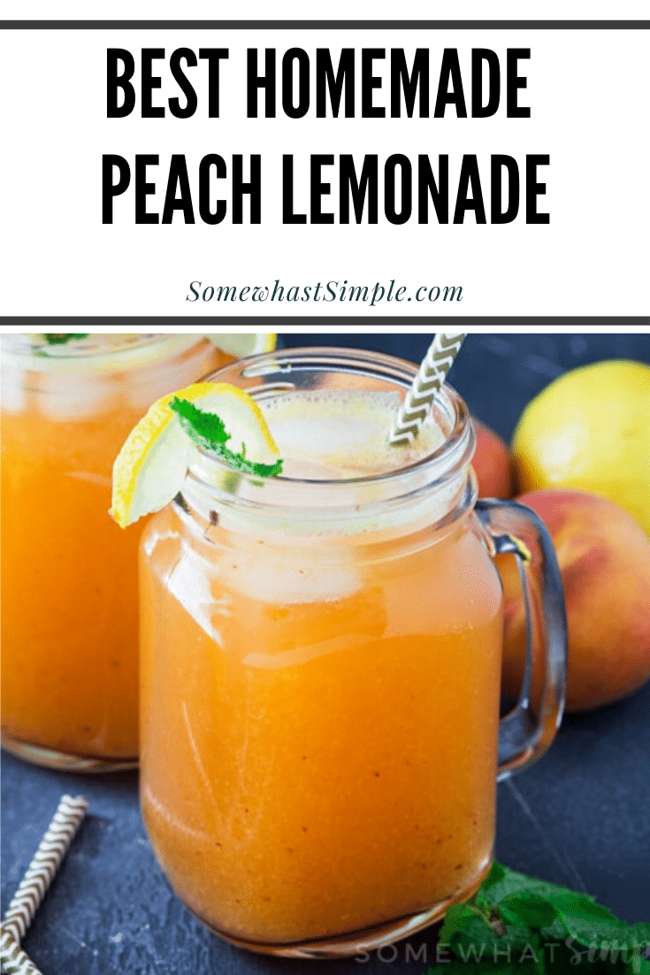 This refreshing and sweet peach lemonade recipe only takes ten minutes to make.  Made with fresh peaches, it's the perfect drink to get you through the hot summer! #peachlemonade #easypeachlemonade #bestpeachlemonaderecipe #howtomakehomemadelemonade #summerdrinkrecipe via @somewhatsimple