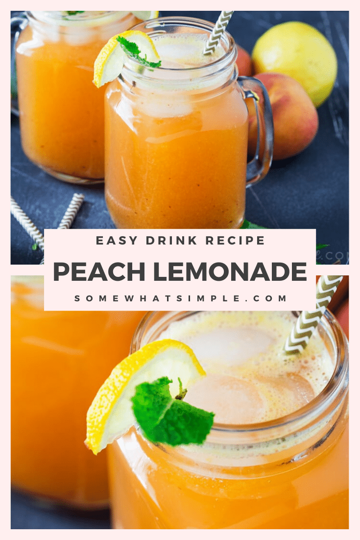 This refreshing and sweet peach lemonade recipe only takes ten minutes to make.  Made with fresh peaches, it's the perfect drink to get you through the hot summer! #peachlemonade #easypeachlemonade #bestpeachlemonaderecipe #howtomakehomemadelemonade #summerdrinkrecipe via @somewhatsimple
