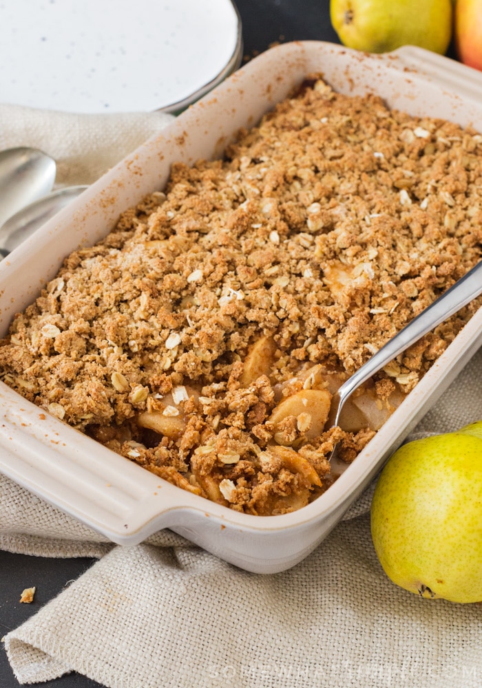 This Apple Pear Crumble is the perfect dessert for the cooler Fall nights. Crunchy, sweet and filled with crisp apples and sweet pears, it's just perfect served with ice cream or custard!