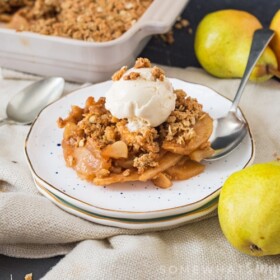 This apple crumble is the perfect dessert for the cooler Fall nights. Crunchy, sweet and filled with crisp apples and sweet pears, it's just perfect served with ice cream or custard!