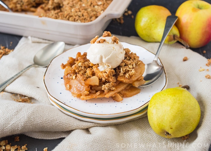 This Apple Pear Crumble is the perfect dessert for the cooler Fall nights. Crunchy, sweet and filled with crisp apples and sweet pears, it's just perfect served with ice cream or custard!