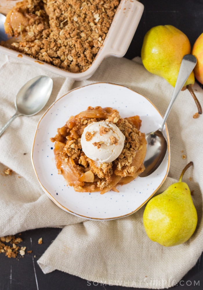 This Apple Pear Crumble is the perfect dessert for the cooler Fall nights. Crunchy, sweet and filled with crisp apples and sweet pears, it's just perfect served with ice cream or custard!