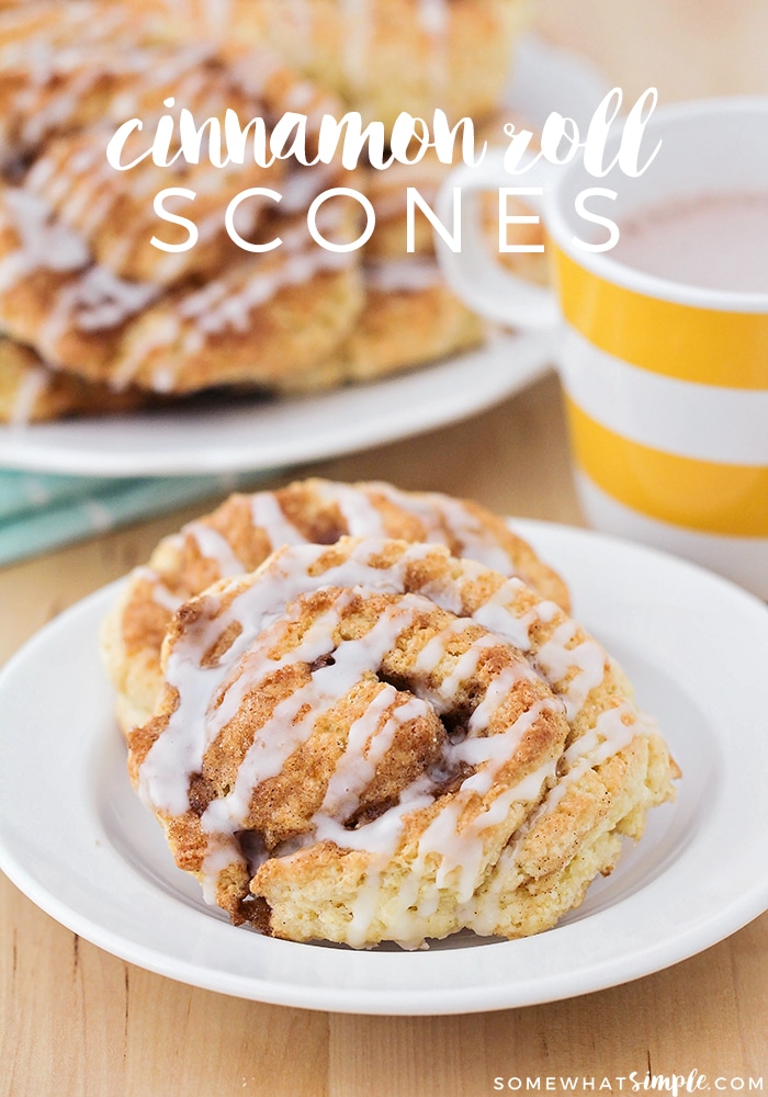 Cinnamon scones are a sweet and delicious way to start your morning. These flaky scones are made with a tasty cinnamon sugar filling and topped with a delicious icing. Not only do they taste amazing but they're super easy to make too! #scones #sconerecipe #cinnamonscones #howtomakescones #sweetbreakfastrecipe via @somewhatsimple