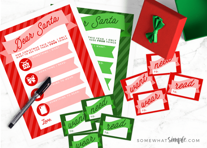 Something you want, something you need, something you wear and something you read, Christmas and Santa gift tags