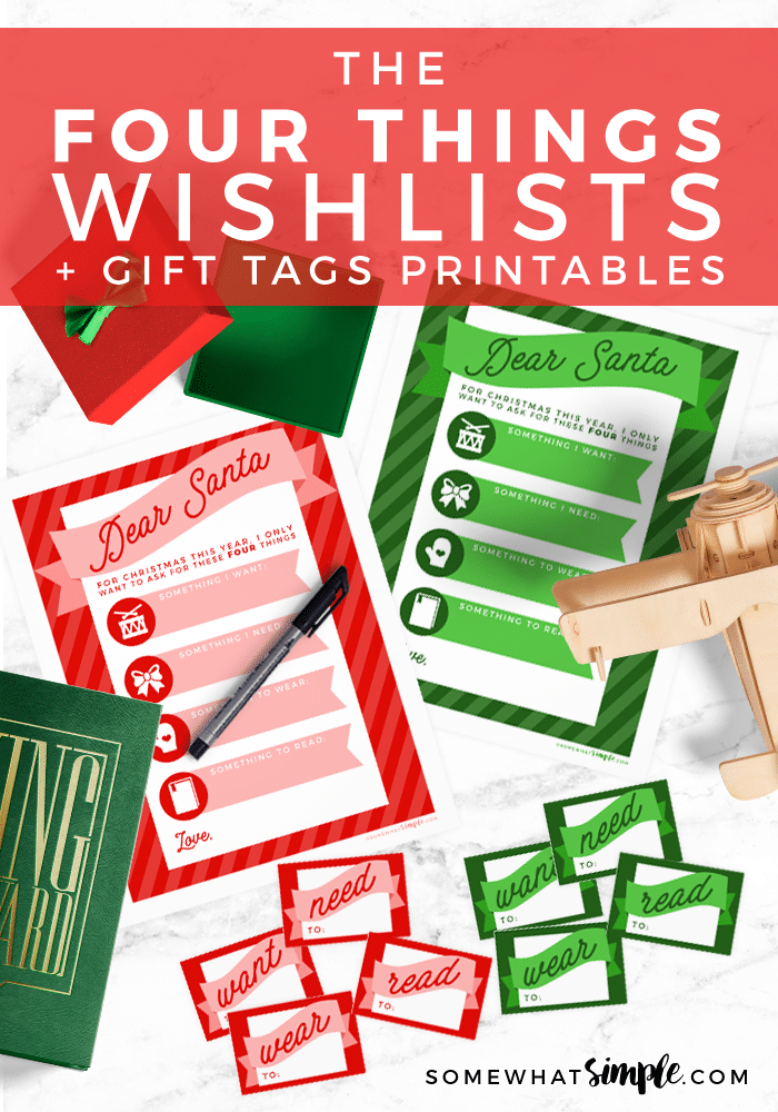 Christmas Wish List Santa Letters and Gift Tags: Create a simple Christmas Wish List with your kids.  Give them something they want, something they need, something they wear and something they read. This is an easy way to get the kids everything they'll need. Download your free copy of these printables today! via @somewhatsimple