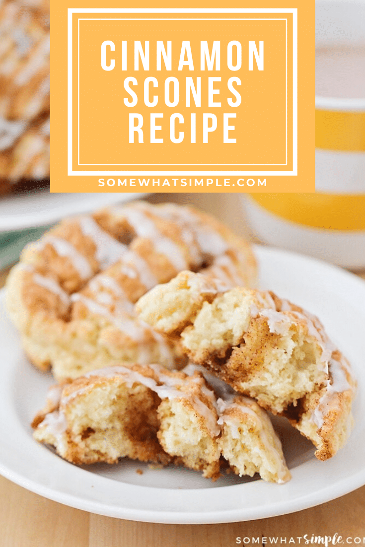 Cinnamon scones are a sweet and delicious way to start your morning. These flaky scones are made with a tasty cinnamon sugar filling and topped with a delicious icing. Not only do they taste amazing but they're super easy to make too! #scones #sconerecipe #cinnamonscones #howtomakescones #sweetbreakfastrecipe via @somewhatsimple