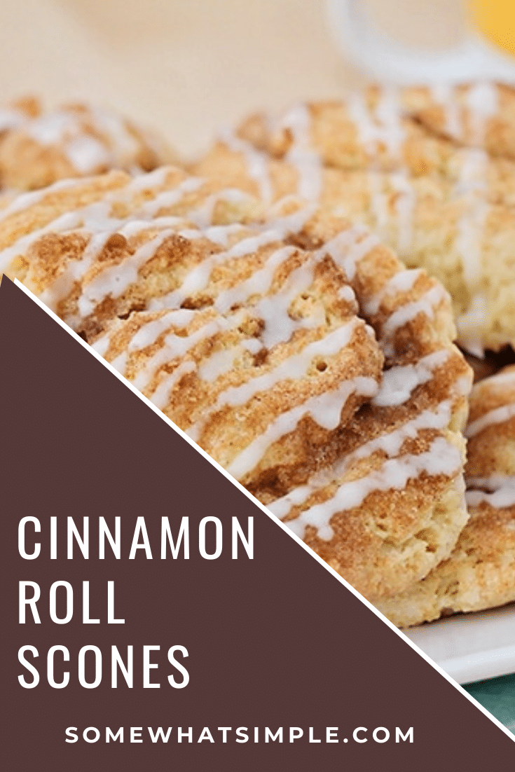 Cinnamon scones are a sweet and delicious way to start your morning. These flaky scones are made with a tasty cinnamon sugar filling and topped with a delicious icing. Not only do they taste amazing but they're super easy to make too! #scones #sconerecipe #cinnamonscones #howtomakescones #sweetbreakfastrecipe via @somewhatsimple