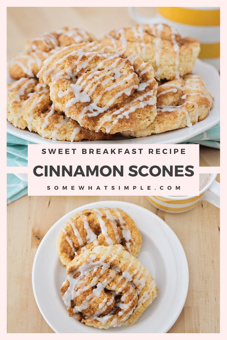 Cinnamon scones are a sweet and delicious way to start your morning. These flaky scones are made with a tasty cinnamon sugar filling and topped with a delicious icing. Not only do they taste amazing but they're super easy to make too! #scones #sconerecipe #cinnamonscones #howtomakescones #sweetbreakfastrecipe via @somewhatsimple