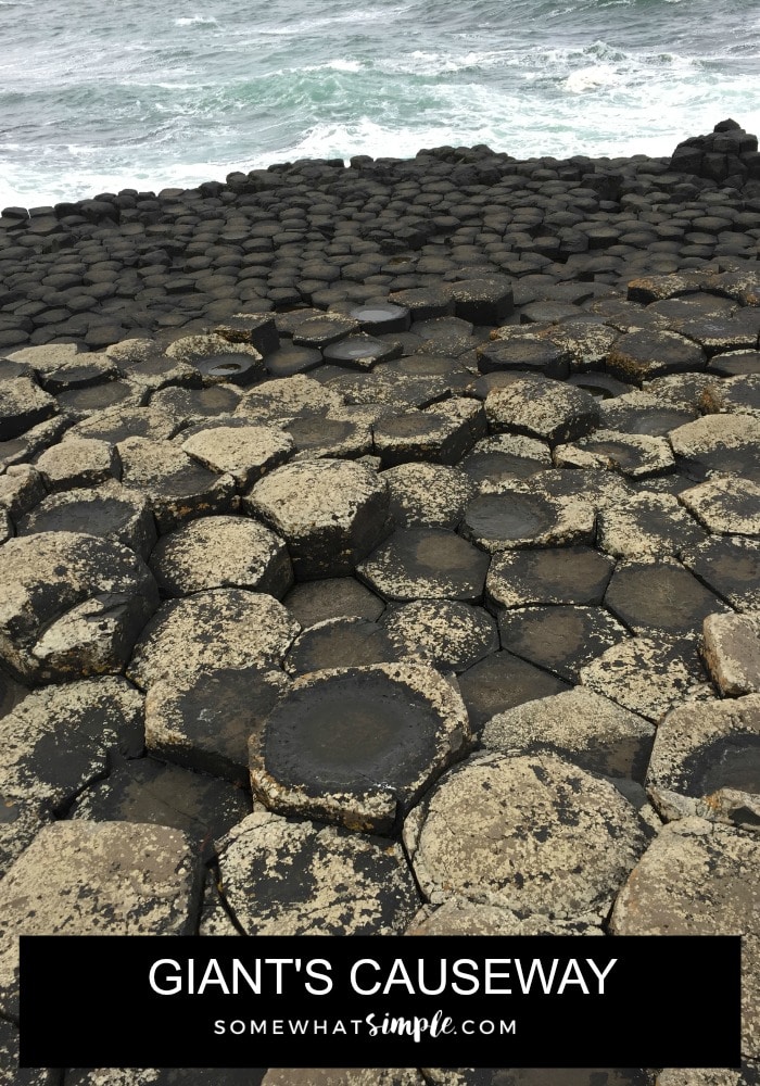 looking at a downward angle at the unique rock formations at the Giant's Causeway with the ocean in the background