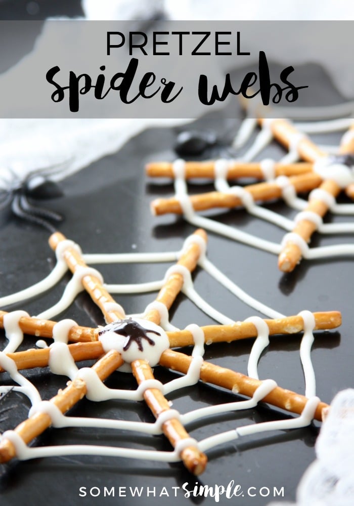 Pretzel Spider Cookies are a perfectly festive Halloween treat! Made using just 3 ingredients, they easy to put together. Just grab some pretzel sticks, melting chocolate and decorating gel and you're all set. Even the kids can help with this one, and they're always a hit! These cookies are perfect for your next Halloween party or just a fun afternoon snack. via @somewhatsimple