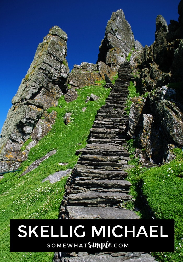 looking up a long flight of ancient stone steps on Skellig Michael Island off the coast of western Ireland
