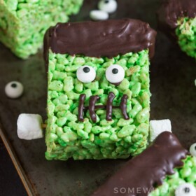 a Green Frankenstein Rice Krispies Treat For Halloween