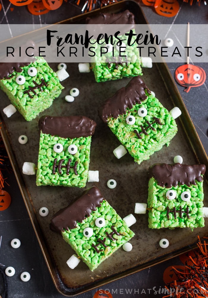 Frankenstein Rice Krispie Treats make a fun, kid friendly dessert that's perfect to make during the Halloween season! They are perfect to snack on after school or at your Halloween party.  Not only are they a lot of fun to make but they taste amazing! via @somewhatsimple