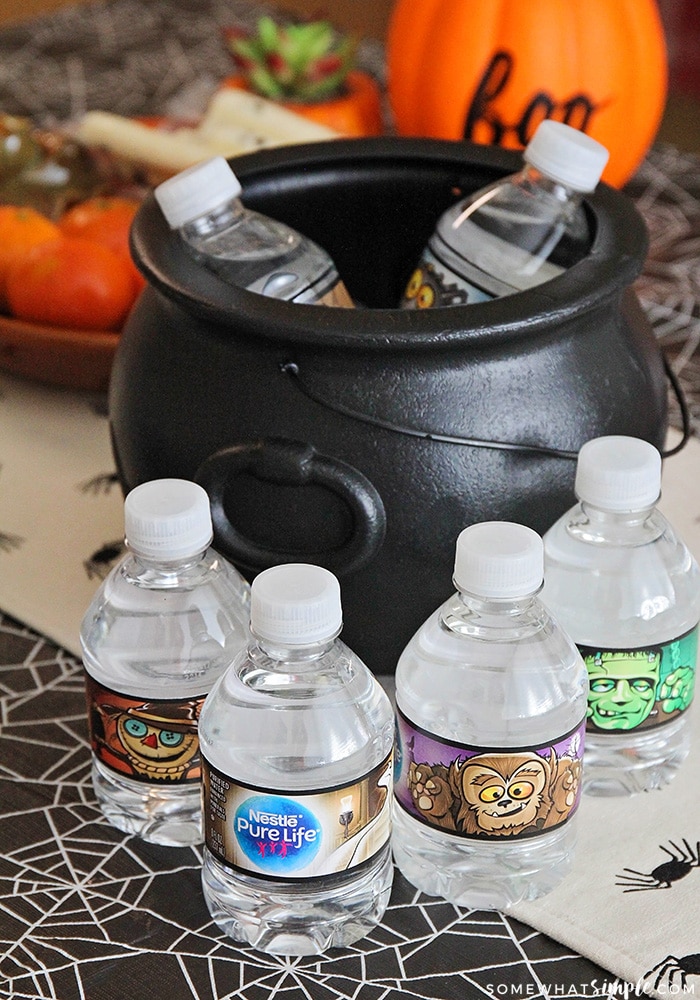 water bottles with Halloween themed labels