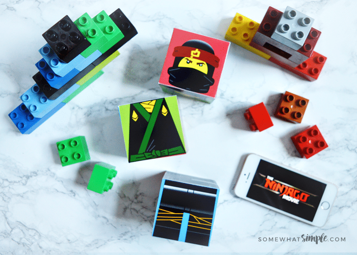 Lego Ninjago Printable paper cubes laying on the counter