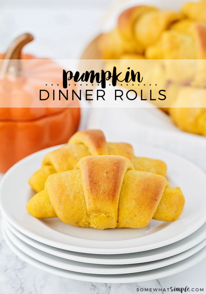 Pumpkin dinner rolls are the perfect compliment to any fall dinner recipe. These crescent rolls are easy to make and turn out soft and fluffy every time! With just the right amount of pumpkin spice, you won't be able to stop eating them! #pumpkindinnerrolls #pumpkincrescentrolls #homemadepumpkindinnerrolls #easybreadrecipe via @somewhatsimple