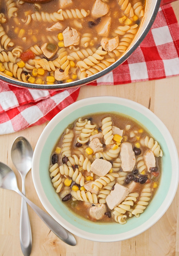 This simple and savory southwest chicken noodle soup is delicious and filling, and ready in less than thirty minutes. A quick and easy cold weather meal!