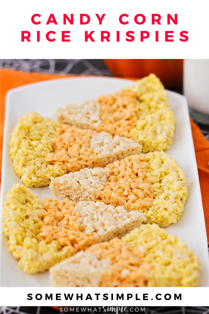 These candy corn rice krispy treats are a fun seasonal twist on a traditional treat! You can enjoy an enjoy a classic dessert recipe in the shape of everyone's favorite fall candy. These rice krispies treats are super easy, delicious and perfect for fall! via @somewhatsimple