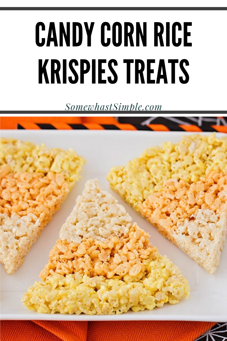 These candy corn rice krispy treats are a fun seasonal twist on a traditional treat! You can enjoy an enjoy a classic dessert recipe in the shape of everyone's favorite fall candy. These rice krispies treats are super easy, delicious and perfect for fall! via @somewhatsimple