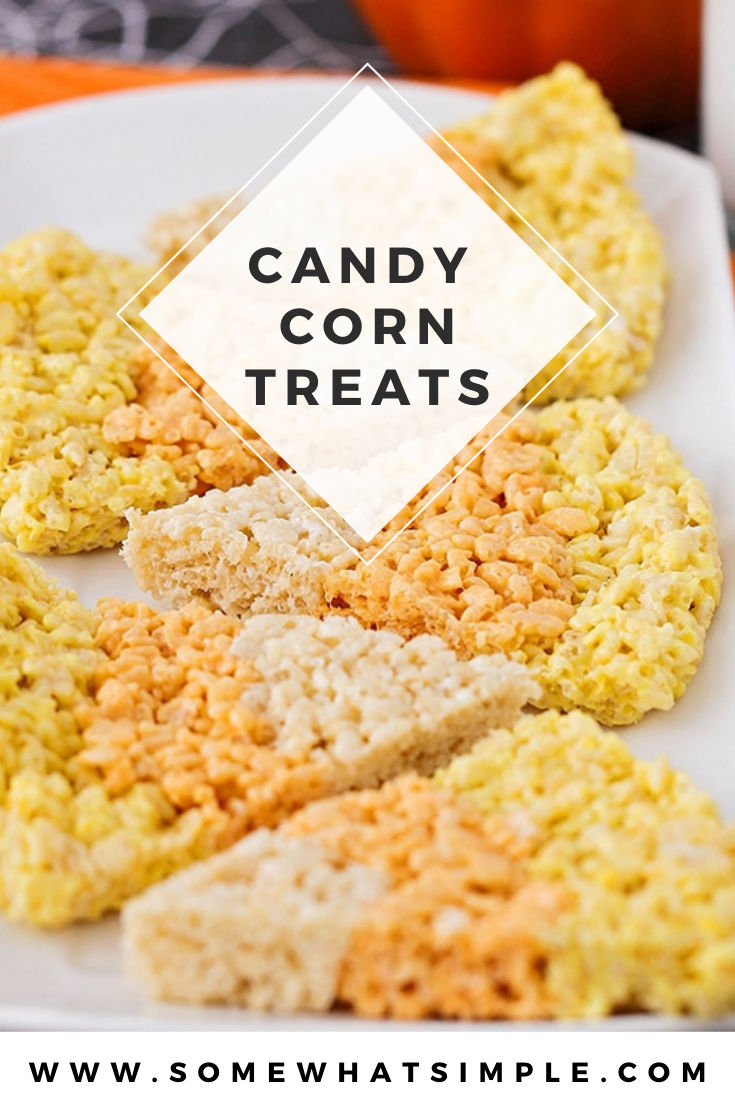 These candy corn rice krispy treats are a fun seasonal twist on a traditional treat! You can enjoy an enjoy a classic dessert recipe in the shape of everyone's favorite fall candy. These rice krispies treats are super easy, delicious and perfect for fall! via @somewhatsimple