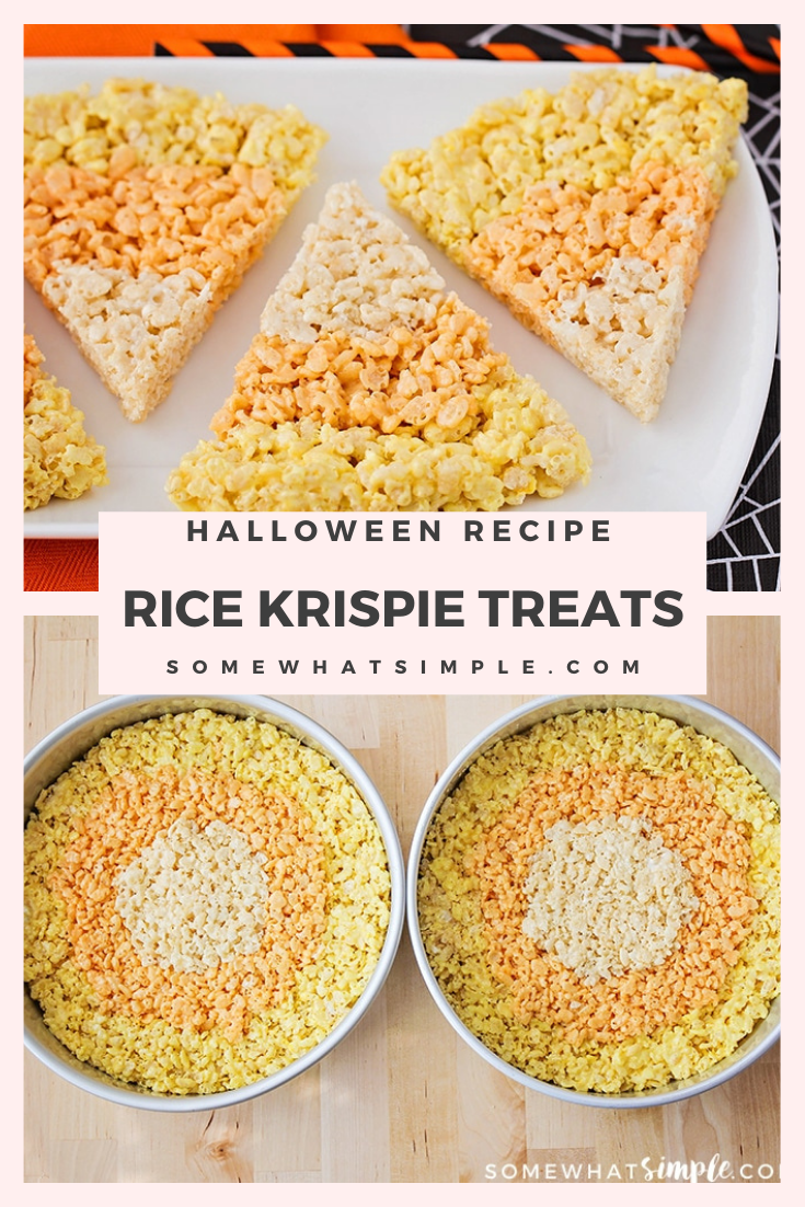 These candy corn rice krispy treats are a fun seasonal twist on a traditional treat! You can enjoy an enjoy a classic dessert recipe in the shape of everyone's favorite fall candy. These rice krispies treats are super easy, delicious and perfect for fall! via @somewhatsimple