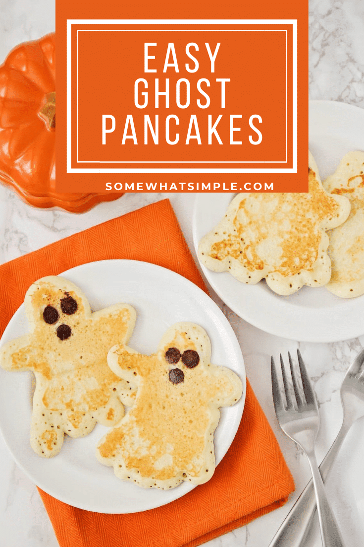 Skip the cold cereal and start your Halloween festivities off right with these darling Ghost Pancakes! Made using the best pancake recipe and then shaped into ghosts, these pancakes are the perfect fall breakfast. They're perfect to enjoy every morning or you can even serve them at your Halloween party. Either way, everyone will love them! via @somewhatsimple