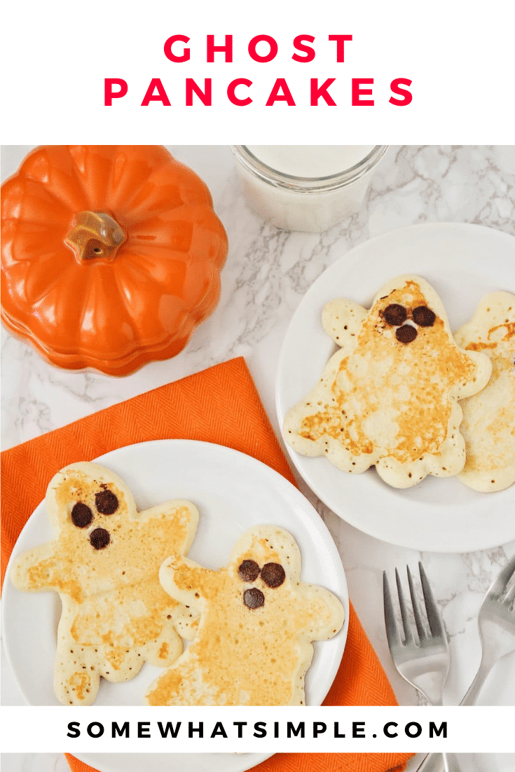 Skip the cold cereal and start your Halloween festivities off right with these darling Ghost Pancakes! Made using the best pancake recipe and then shaped into ghosts, these pancakes are the perfect fall breakfast. They're perfect to enjoy every morning or you can even serve them at your Halloween party. Either way, everyone will love them! via @somewhatsimple