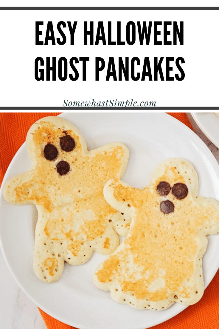Skip the cold cereal and start your Halloween festivities off right with these darling Ghost Pancakes! Made using the best pancake recipe and then shaped into ghosts, these pancakes are the perfect fall breakfast. They're perfect to enjoy every morning or you can even serve them at your Halloween party. Either way, everyone will love them! via @somewhatsimple
