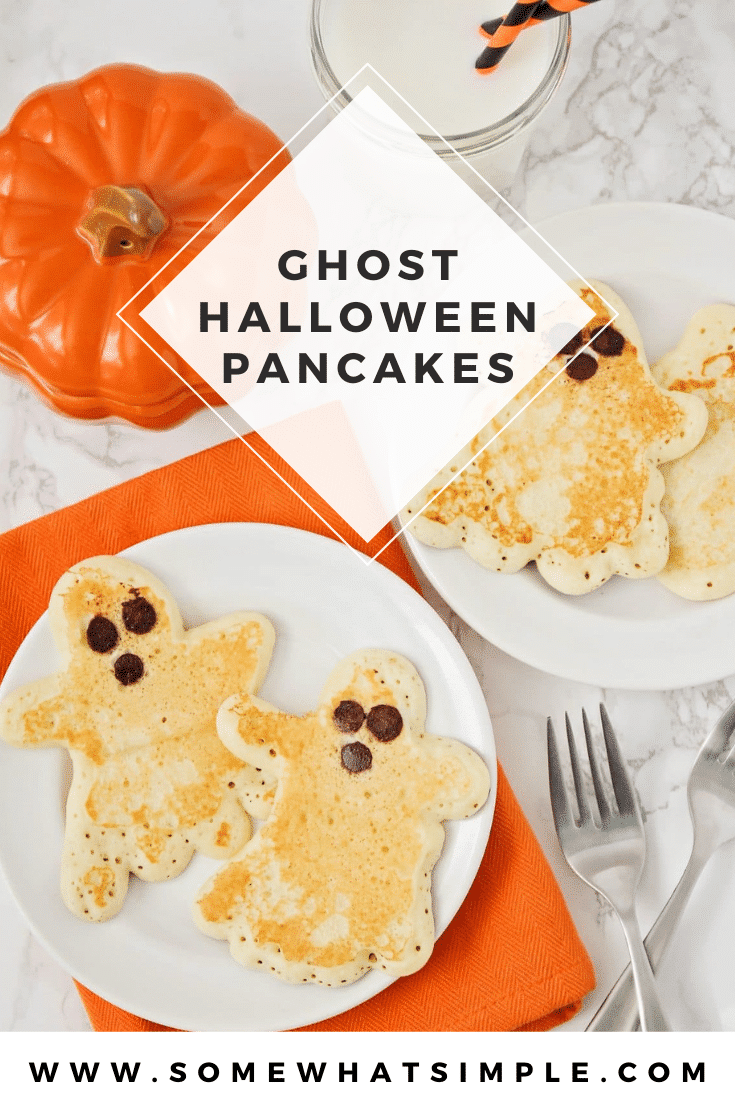 Skip the cold cereal and start your Halloween festivities off right with these darling Ghost Pancakes! Made using the best pancake recipe and then shaped into ghosts, these pancakes are the perfect fall breakfast. They're perfect to enjoy every morning or you can even serve them at your Halloween party. Either way, everyone will love them! via @somewhatsimple