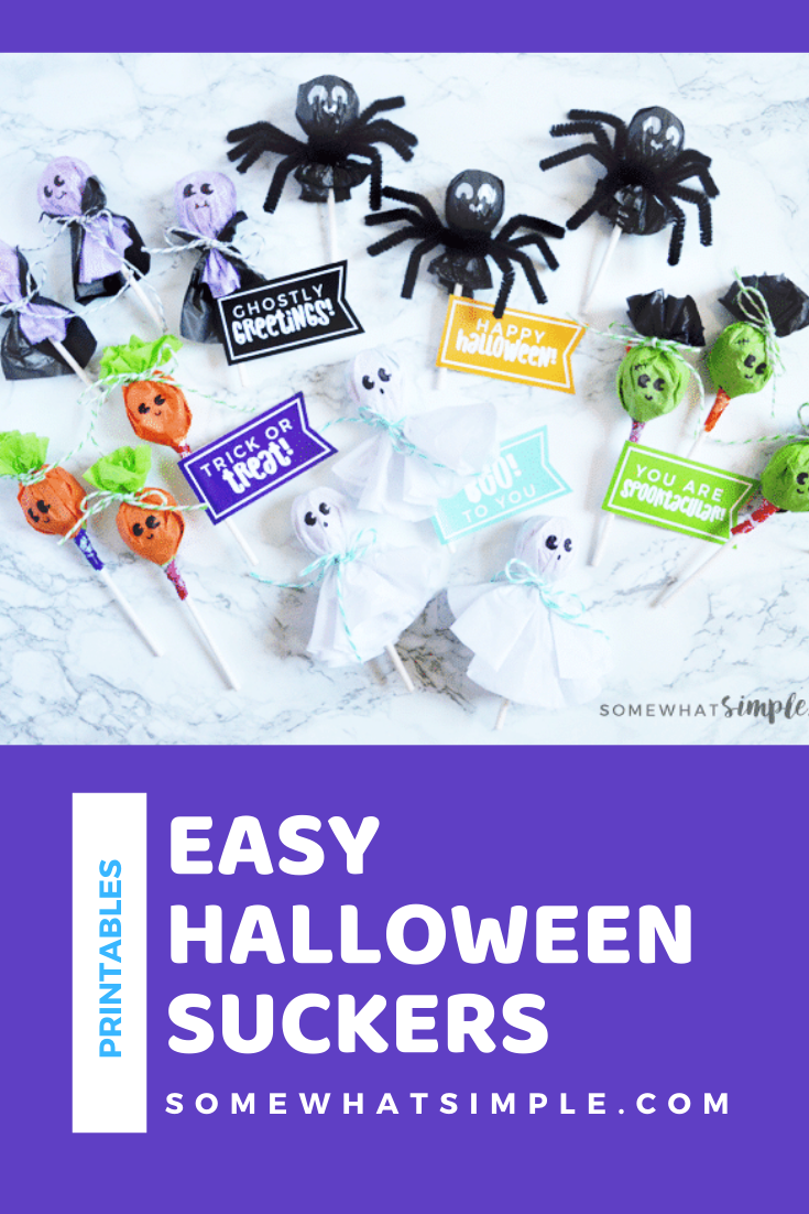 These Halloween Lollipops are about the cutest things! And SO easy to make! Dress them up to look like ghosts, vampires, jack-o-lanterns, spiders and Frankenstein with our sucker tags, and you've got a seriously darling Halloween treat! Plus they come with these adorable free printable tags so download your copy right now. via @somewhatsimple