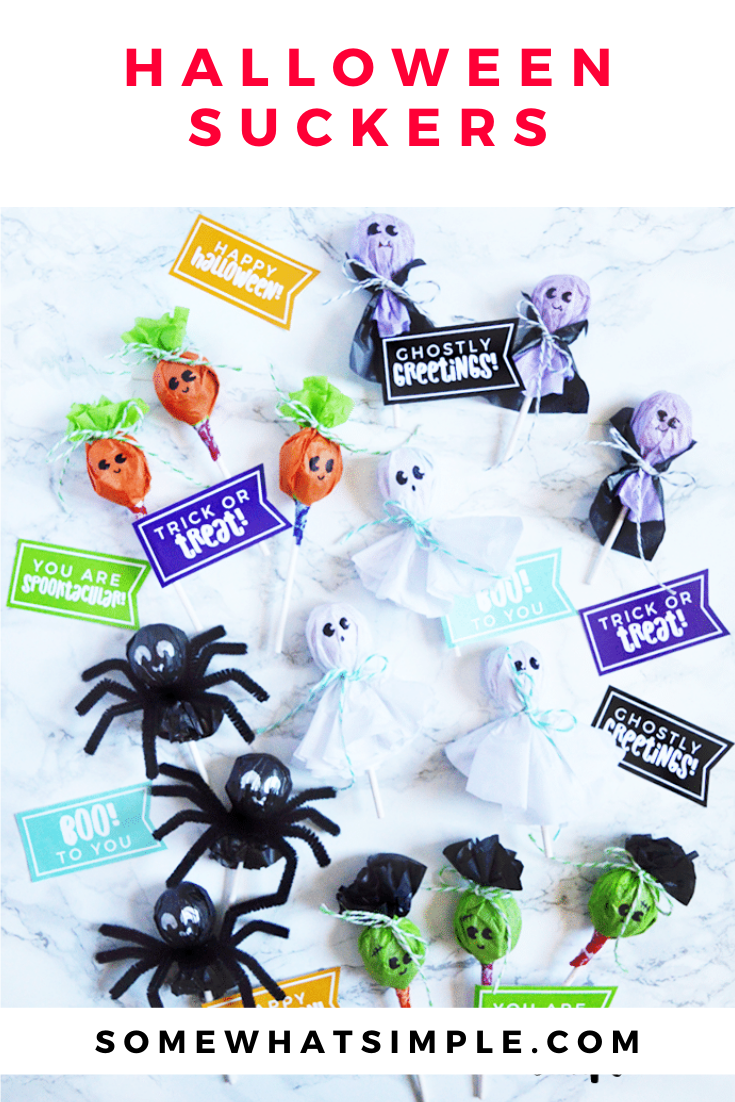These Halloween Lollipops are about the cutest things! And SO easy to make! Dress them up to look like ghosts, vampires, jack-o-lanterns, spiders and Frankenstein with our sucker tags, and you've got a seriously darling Halloween treat! Plus they come with these adorable free printable tags so download your copy right now. via @somewhatsimple