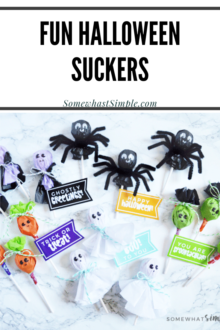 These Halloween Lollipops are about the cutest things! And SO easy to make! Dress them up to look like ghosts, vampires, jack-o-lanterns, spiders and Frankenstein with our sucker tags, and you've got a seriously darling Halloween treat! Plus they come with these adorable free printable tags so download your copy right now. via @somewhatsimple
