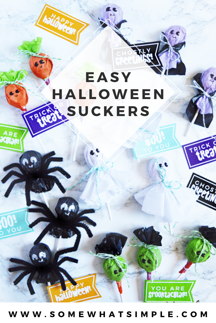 These Halloween Lollipops are about the cutest things! And SO easy to make! Dress them up to look like ghosts, vampires, jack-o-lanterns, spiders and Frankenstein with our sucker tags, and you've got a seriously darling Halloween treat! Plus they come with these adorable free printable tags so download your copy right now. via @somewhatsimple