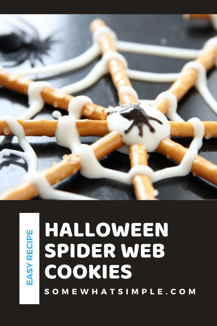 Pretzel Spider Cookies are a perfectly festive Halloween treat! Made using just 3 ingredients, they easy to put together. Just grab some pretzel sticks, melting chocolate and decorating gel and you're all set. Even the kids can help with this one, and they're always a hit! These cookies are perfect for your next Halloween party or just a fun afternoon snack. via @somewhatsimple