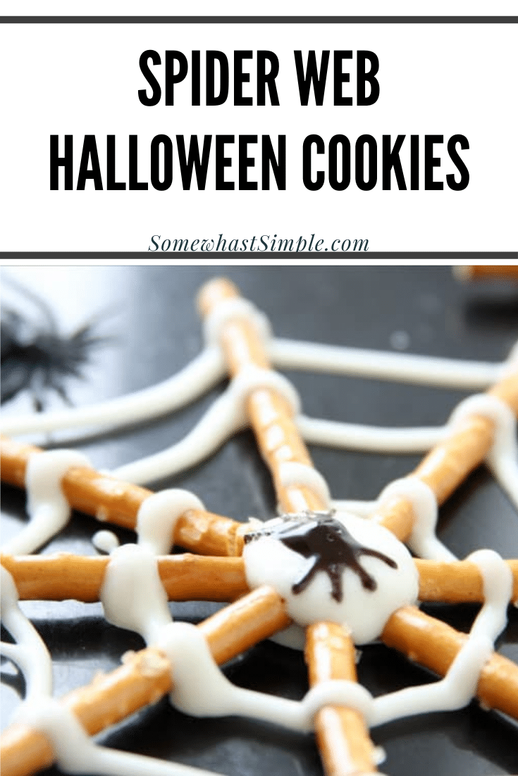 Pretzel Spider Cookies are a perfectly festive Halloween treat! Made using just 3 ingredients, they easy to put together. Just grab some pretzel sticks, melting chocolate and decorating gel and you're all set. Even the kids can help with this one, and they're always a hit! These cookies are perfect for your next Halloween party or just a fun afternoon snack. via @somewhatsimple