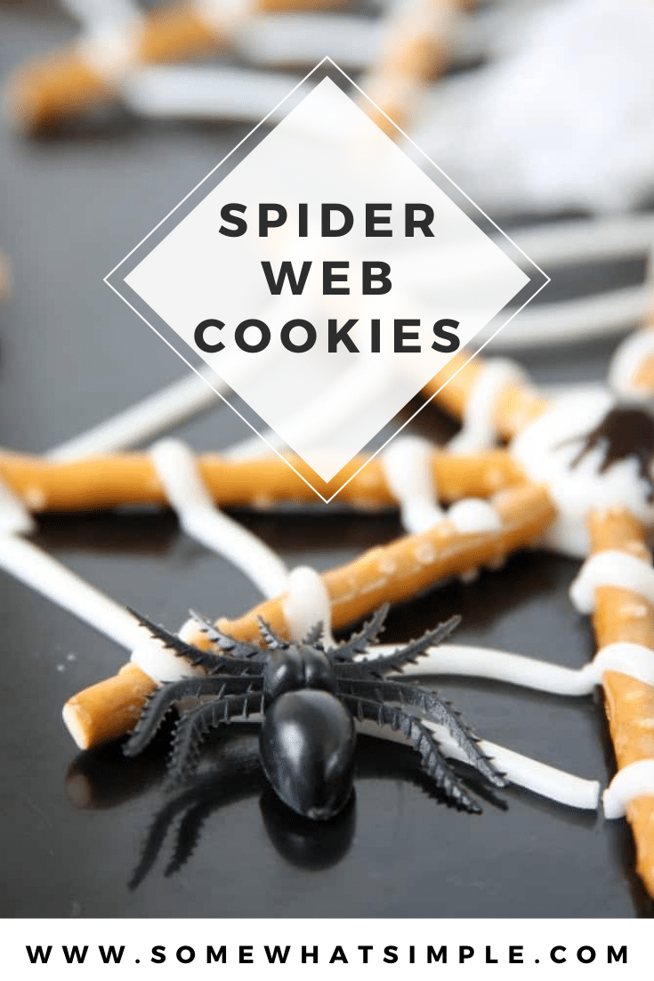 Pretzel Spider Cookies are a perfectly festive Halloween treat! Made using just 3 ingredients, they easy to put together. Just grab some pretzel sticks, melting chocolate and decorating gel and you're all set. Even the kids can help with this one, and they're always a hit! These cookies are perfect for your next Halloween party or just a fun afternoon snack. via @somewhatsimple