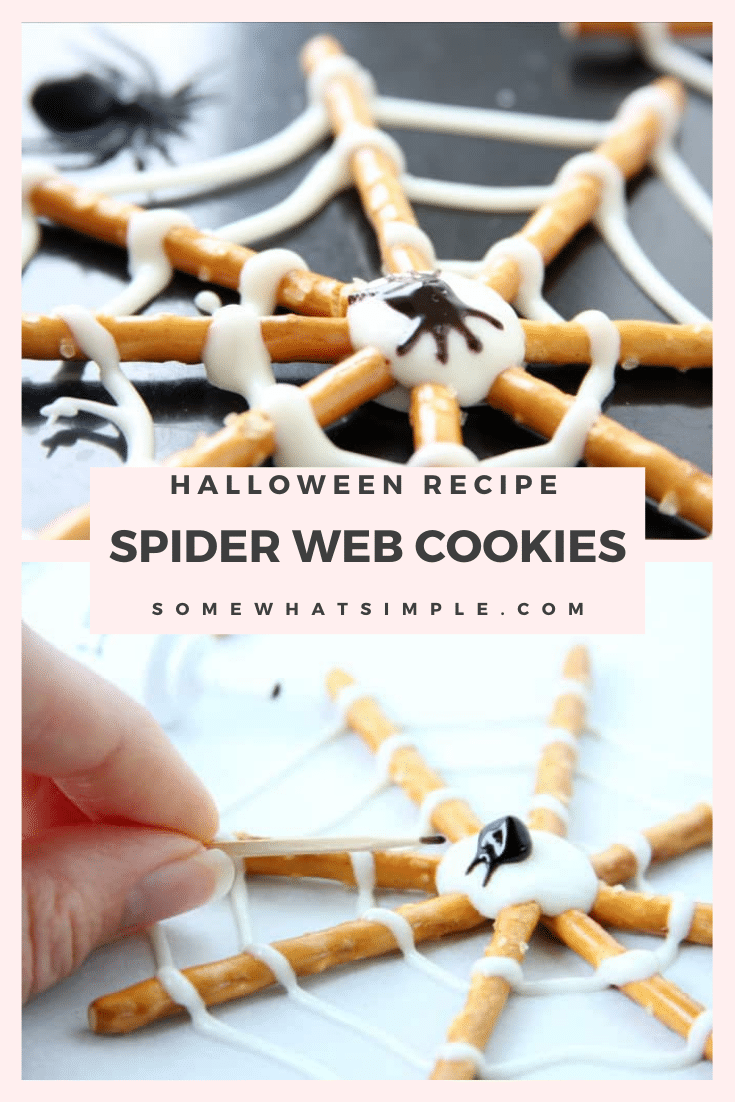 Pretzel Spider Cookies are a perfectly festive Halloween treat! Made using just 3 ingredients, they easy to put together. Just grab some pretzel sticks, melting chocolate and decorating gel and you're all set. Even the kids can help with this one, and they're always a hit! These cookies are perfect for your next Halloween party or just a fun afternoon snack. via @somewhatsimple