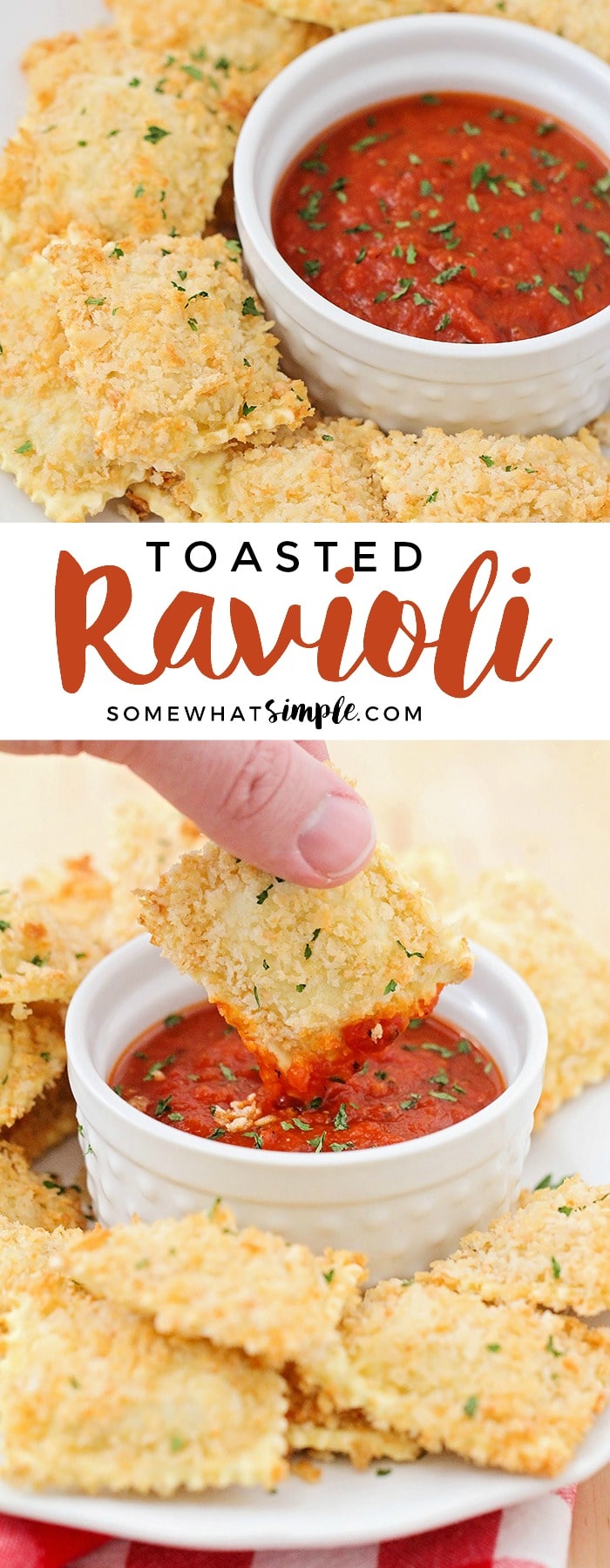 This crispy and cheesy toasted ravioli is baked instead of fried, but still just as delicious. It's a tasty snack for game day or party time!