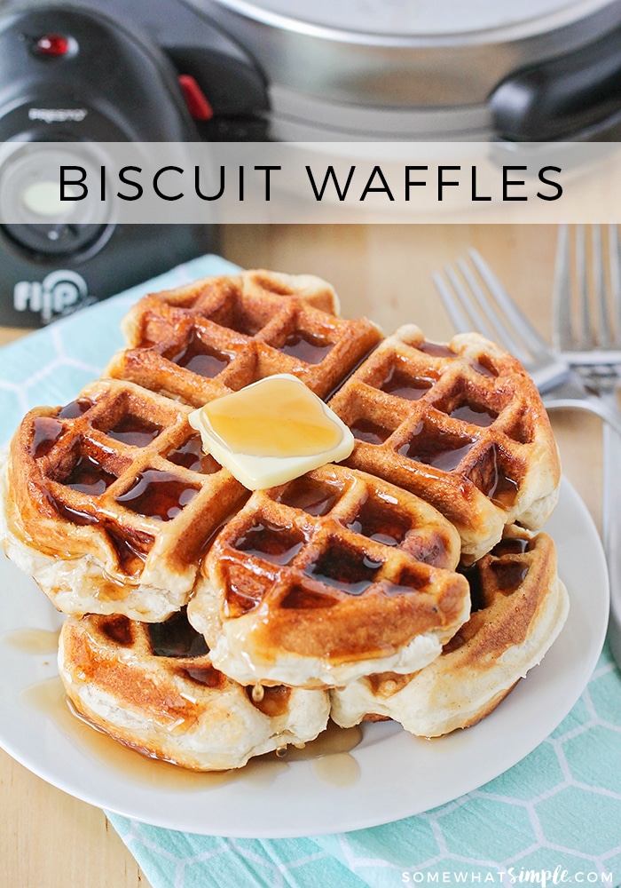 Biscuit waffles are a shortcut way to enjoy a classic breakfast.  They're fast and easy to make because you don't need to whip up a batch of waffle mix first. #biscuitwaffles #makingbiscuitswithawafflemaker #wafflebiscuitrecipe #howtomakewaffleswithoutamix #easybreakfastrecipe via @somewhatsimple