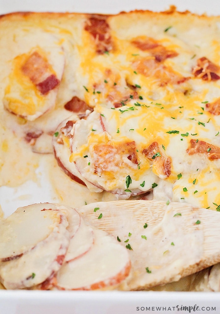 a close up of a baking pan filled with this scalloped potato recipe. the back half of the pan is golden brown and topped with cheese and bacon. A wooden spoon is in the front half of the pan scooping out some of the homemade scalloped potatoes.