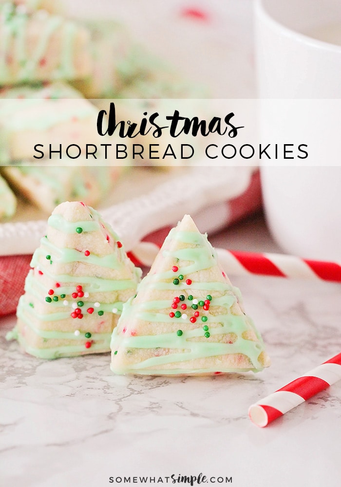 Shortbread Cookies are sweet and buttery and melt in your mouth! These Shortbread Christmas Cookies are easy to make and only require a few simple ingredients! Decorated to look like Christmas trees, this delicious cookies are simple and easy to make during the holiday season. They're perfect to share at your Christmas party with friends and neighbors. via @somewhatsimple