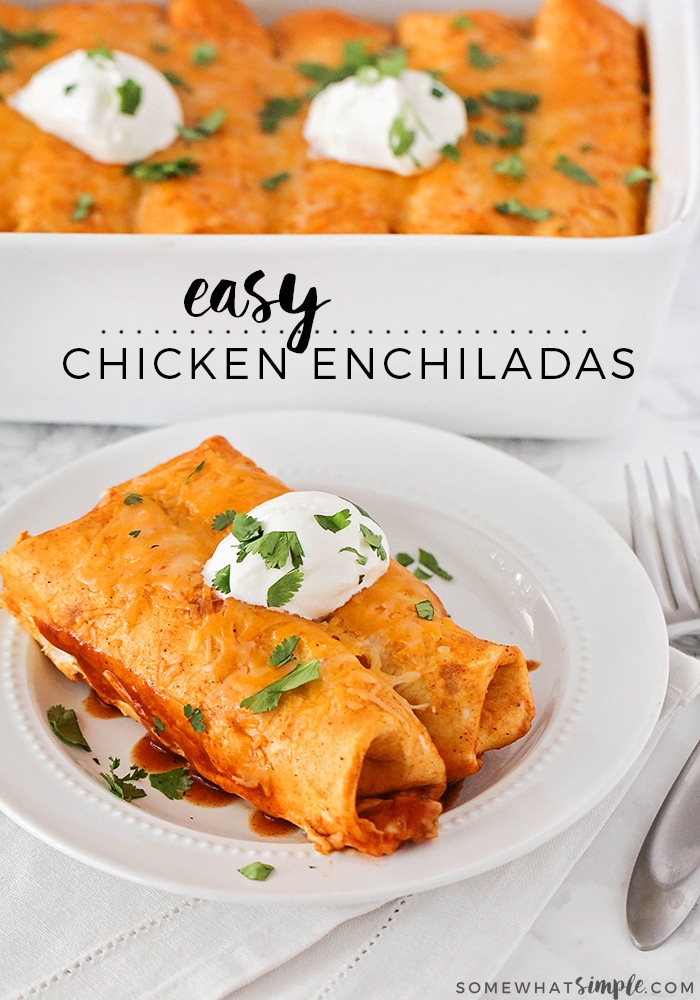 a plate with two Chicken Enchiladas and a tray in the background filled with enchiladas made from this easy chicken enchilada recipe