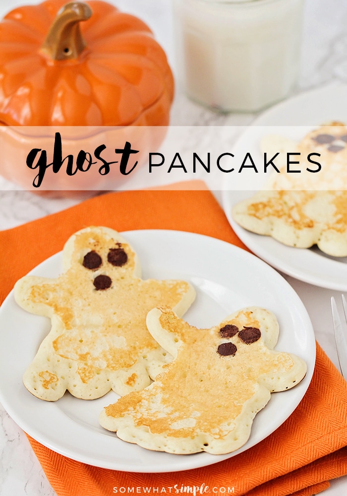 Skip the cold cereal and start your Halloween festivities off right with these darling Ghost Pancakes! Made using the best pancake recipe and then shaped into ghosts, these pancakes are the perfect fall breakfast. They're perfect to enjoy every morning or you can even serve them at your Halloween party. Either way, everyone will love them! via @somewhatsimple