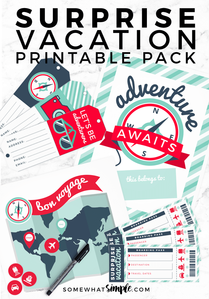 Looking to gift someone with a surprise vacation? Then we've got the perfect printables to help you make the surprise vacation reveal even more special! This easy gift idea is perfect for Christmas, a birthday, anniversary or any other special occasion. via @somewhatsimple
